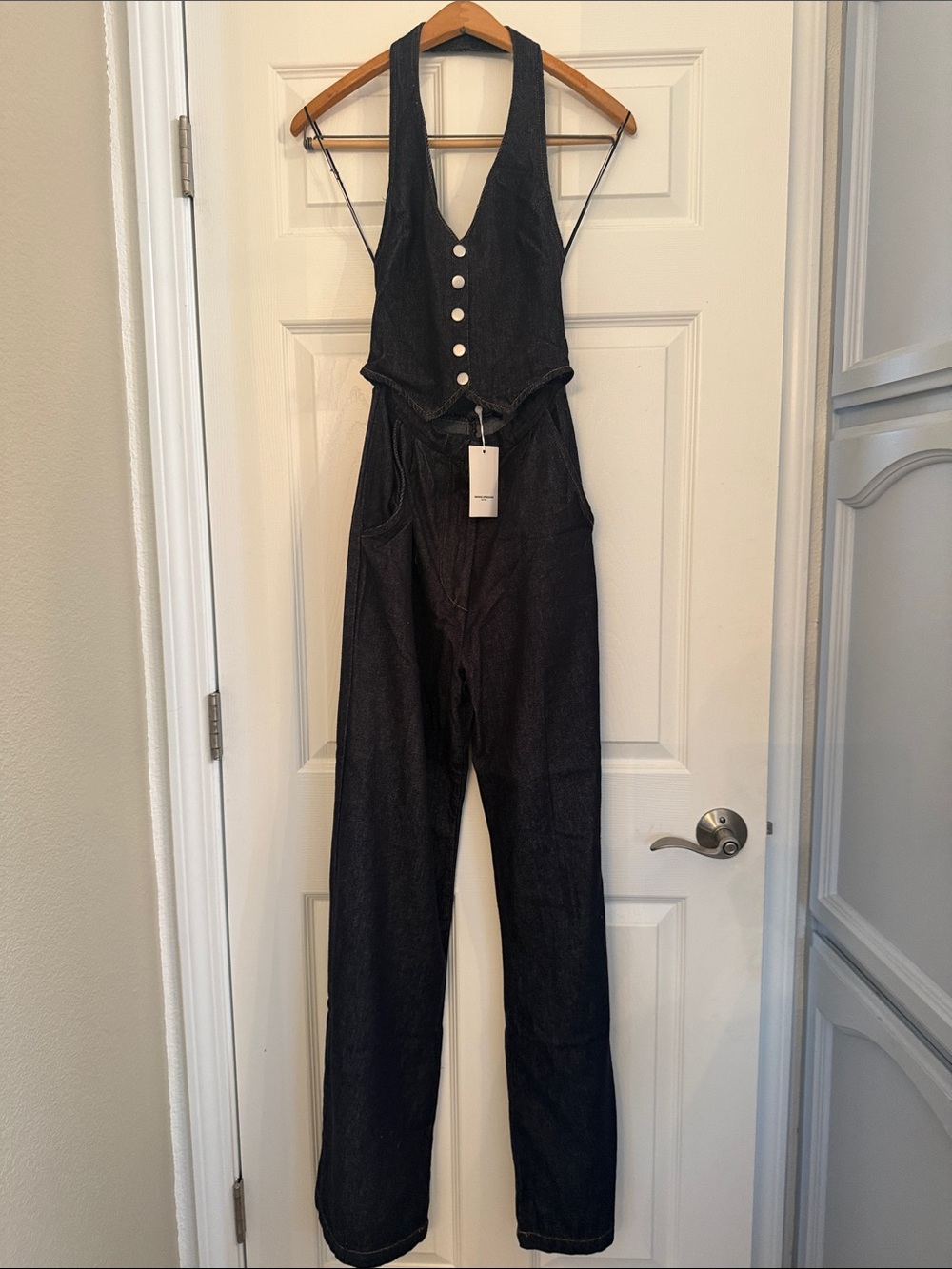 Amanda Uprichard Black Denim V‑Neck Button Overalls